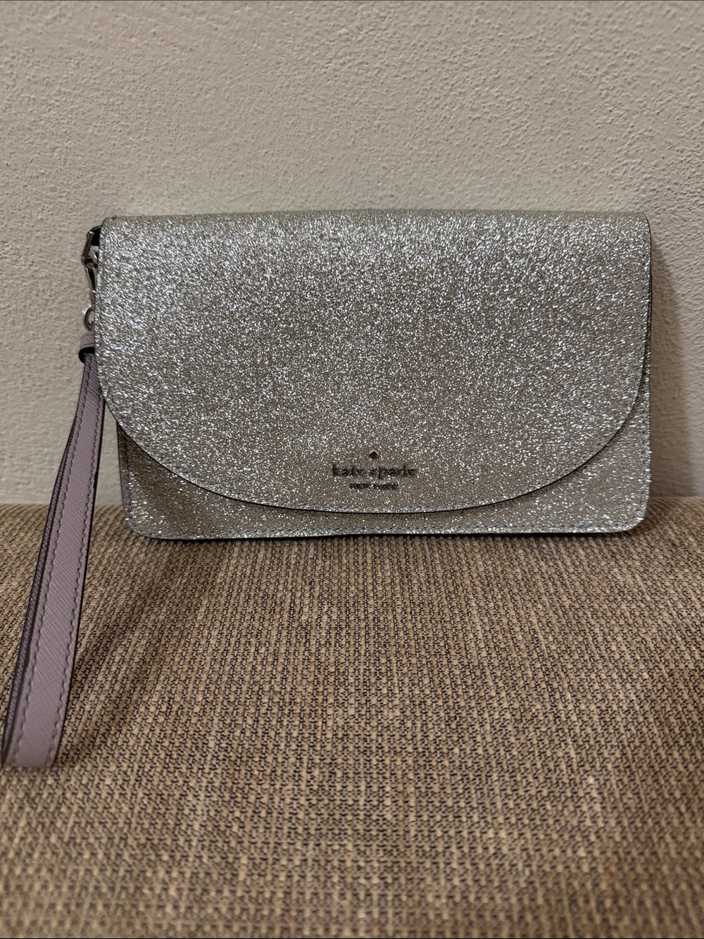 Kate Spade silver glitter wristlet clutch like new